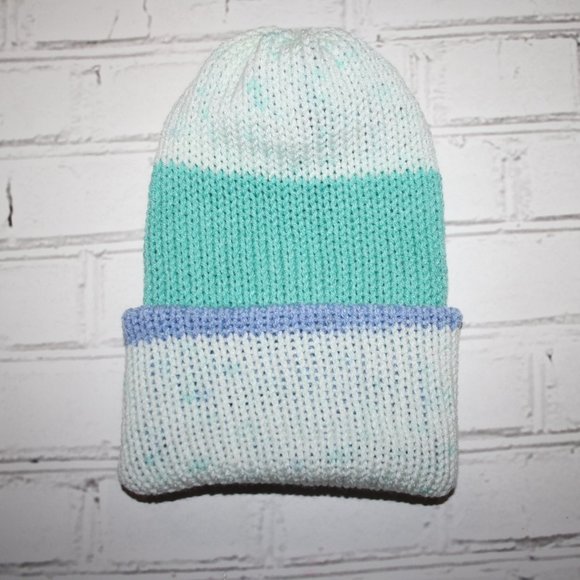 🤍 Reversible White, Blue & Teal Knit Beanie – Handmade · Women’s Medium - Picture 2 of 4